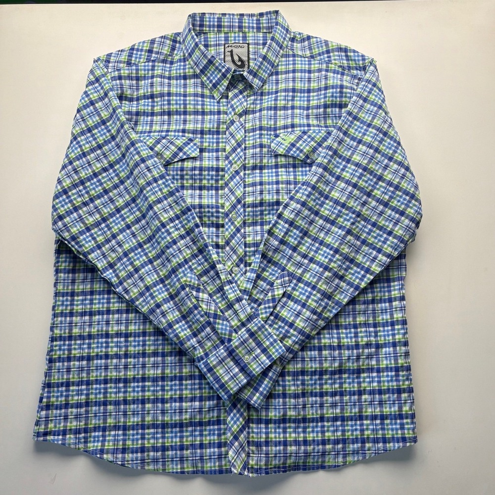 Mojo Fishing Plaid Button Up Shirt Blue Green Long‎ Sleeve Men's XXL